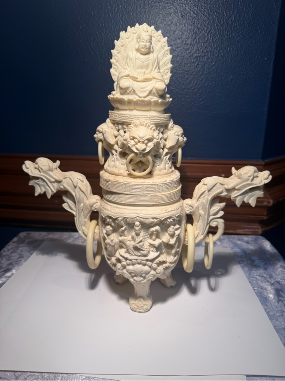 Vintage Chinese-style incense burner intricately carved from faux ivory resin